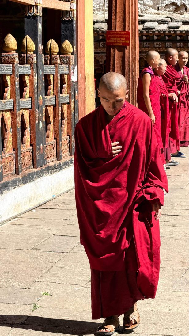 Monks in red robes walk.